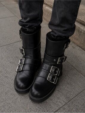 Zara Black Faux Fur Lined Leather Biker Boots Straps Buckle